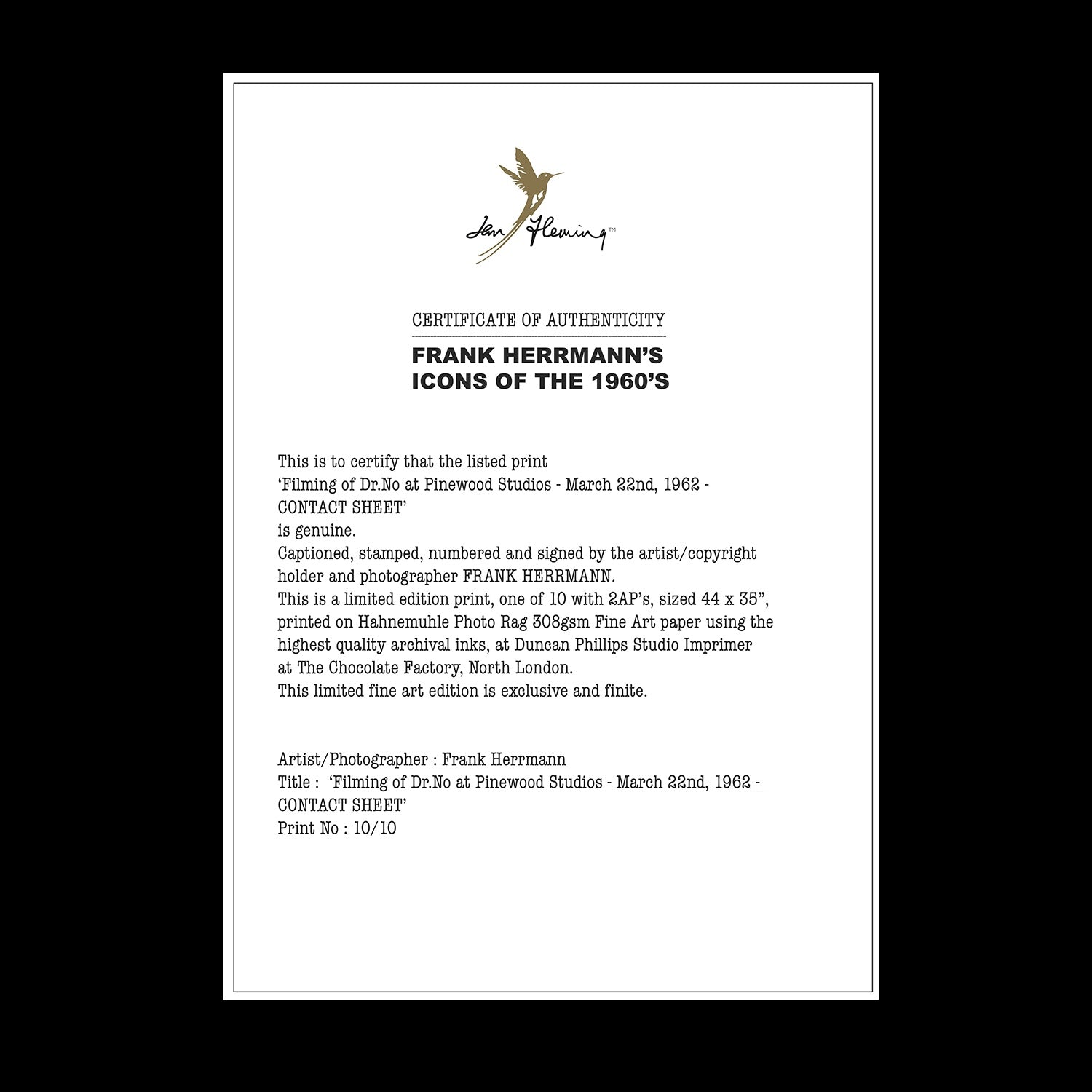 Ian Fleming On The Dr. No Set Photographic Contact Sheet - By Frank Herrmann - Signed & Numbered Edition